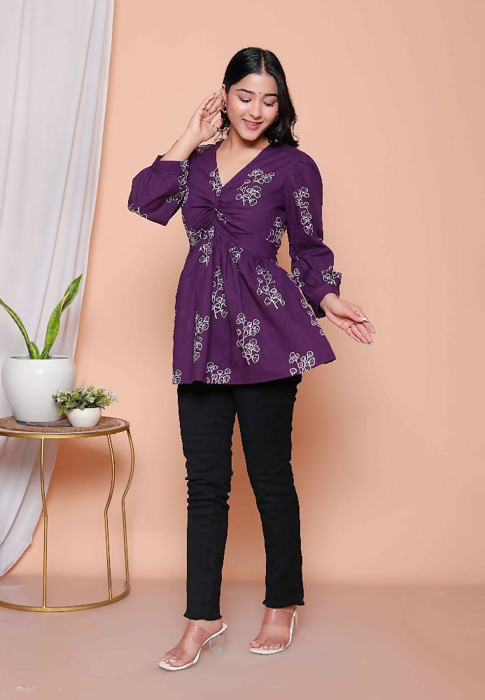 Miravan Womens Cotton Butterfly Style Floral Print V-Neck Top