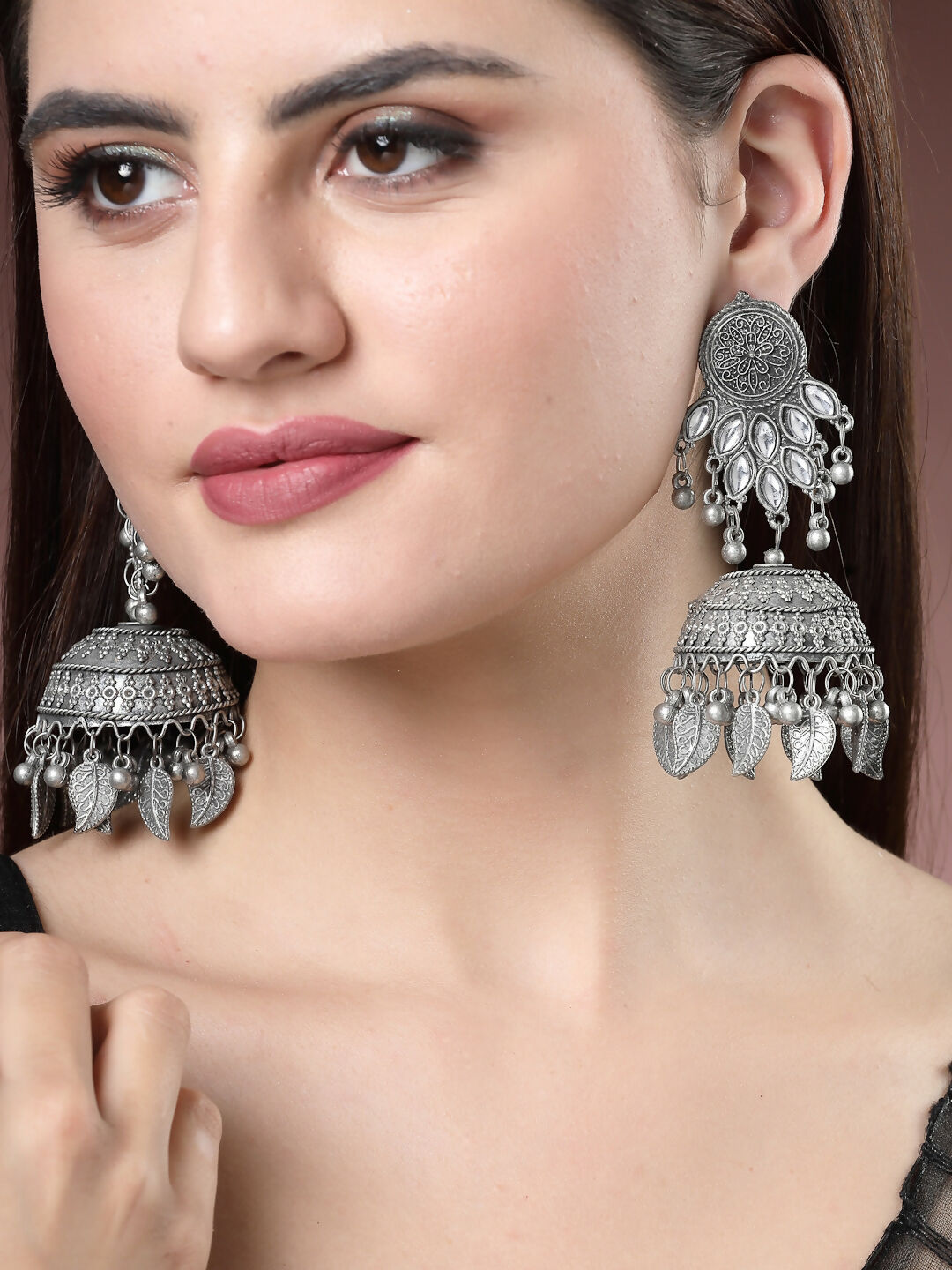 NVR Women's Silver-Plated Oxidised Artificial Stones Dome Shaped Jhumka Earrings - Distacart