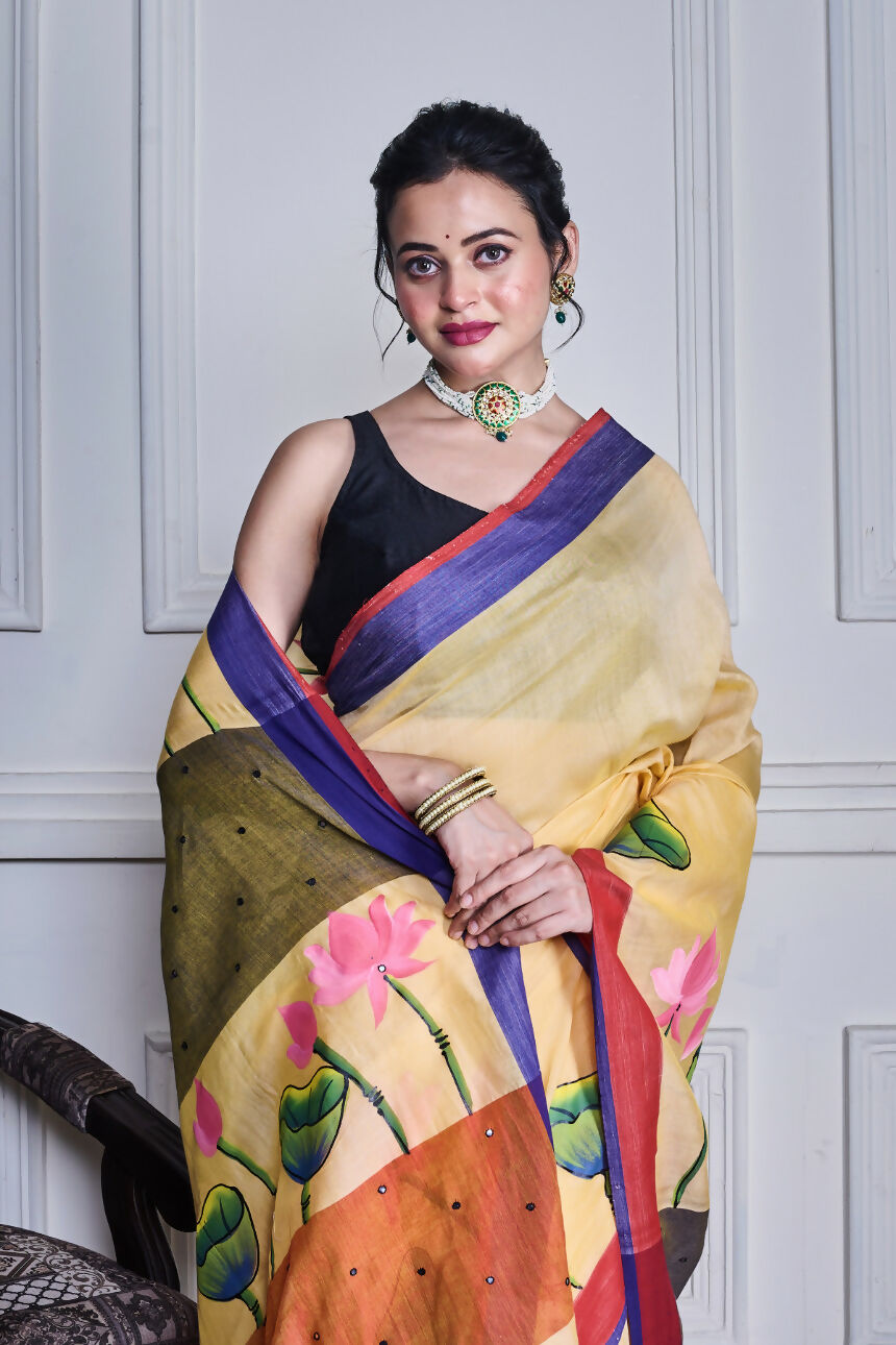 Morchari Multicolour Cotton Handloom Mirror Work Saree Unstitched Blouse - Distacart
