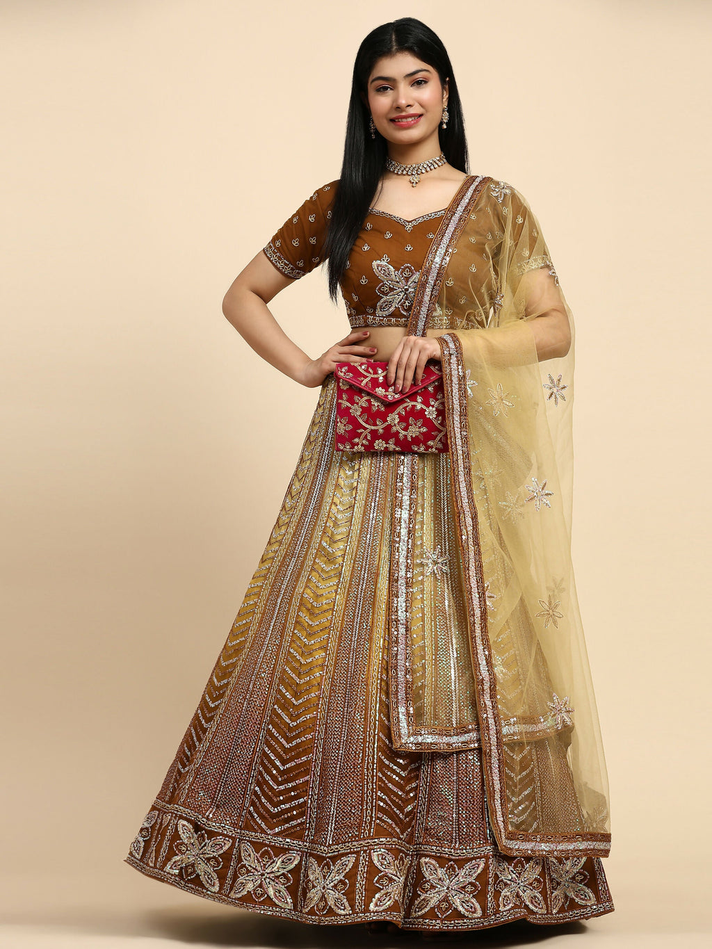 Brown Fancy Net Sequence Embroidered Lehenga Choli with Dupatta - Dhara