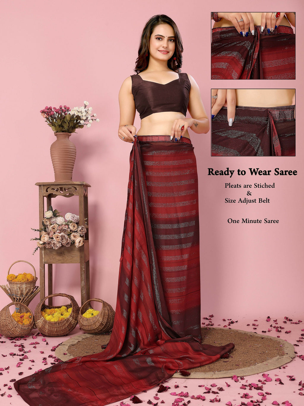 Attractive These Party Wear Ready To Wear Saree - Burgundy