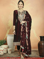 Jyoti Fashion Women's Maroon Velvet Cording with Resham Thread & Sequin Kurta with Trouser & Dupatta