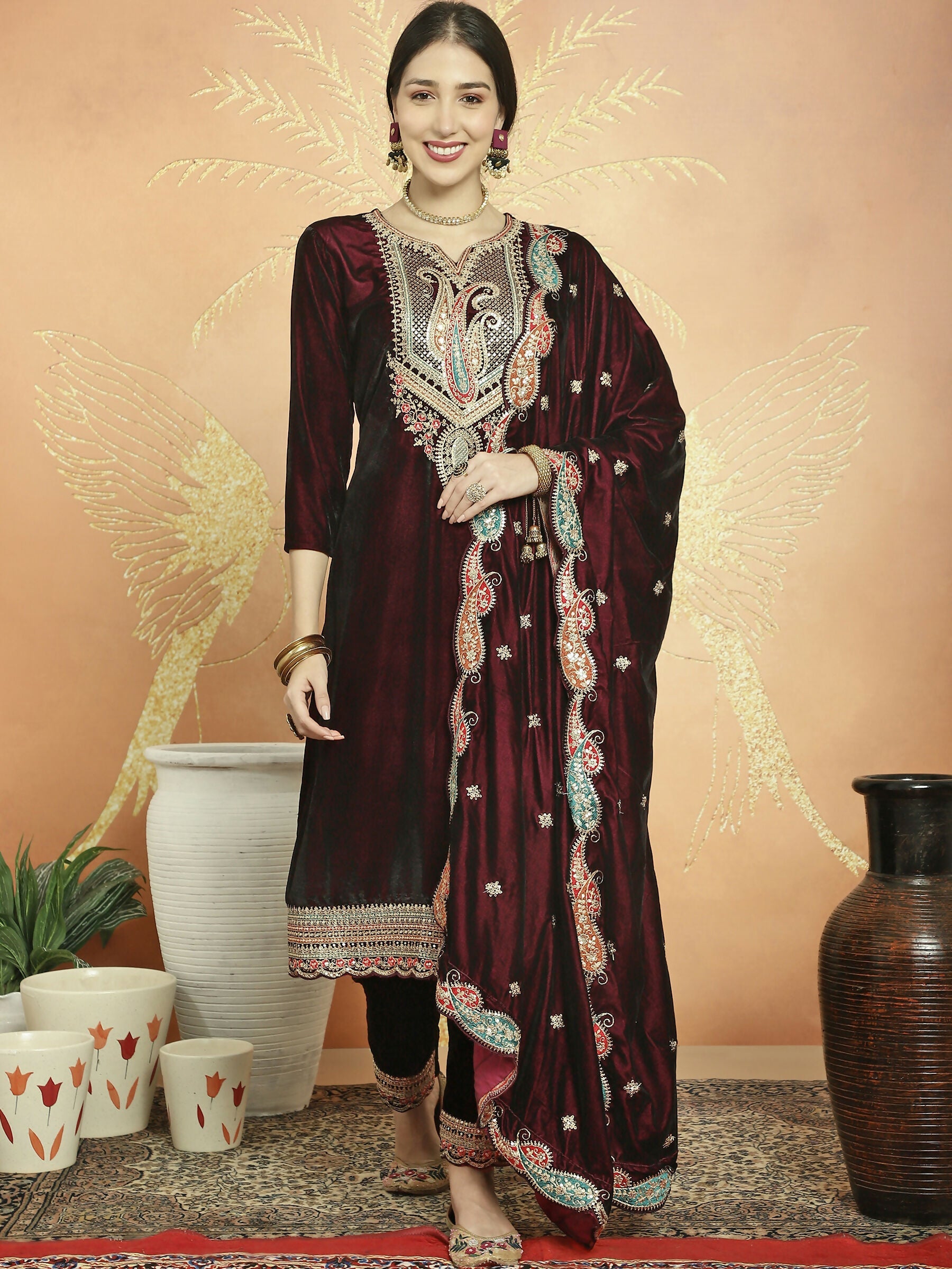 Jyoti Fashion Women's Maroon Velvet Cording with Resham Thread & Sequin Kurta with Trouser & Dupatta