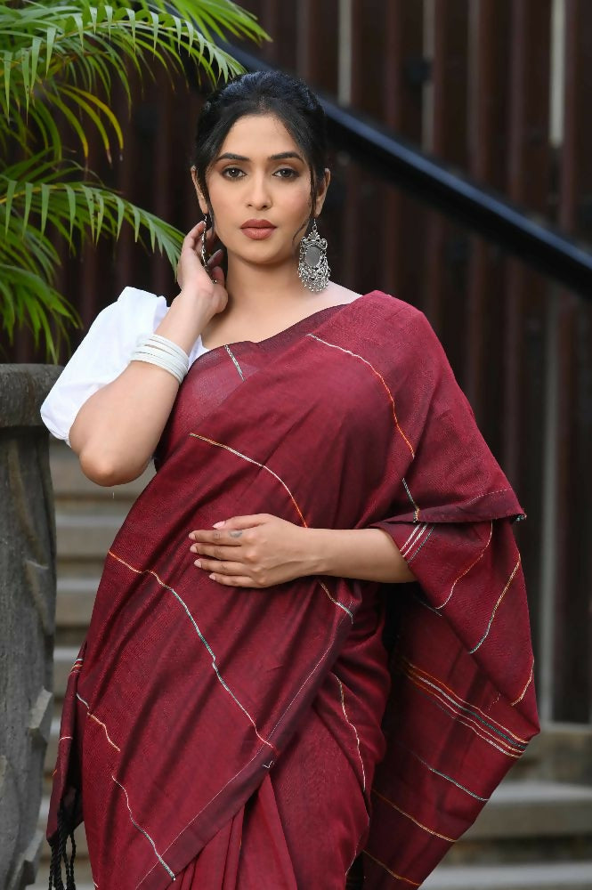Beatitude Maroon Khadi Ghicha Stripes Saree