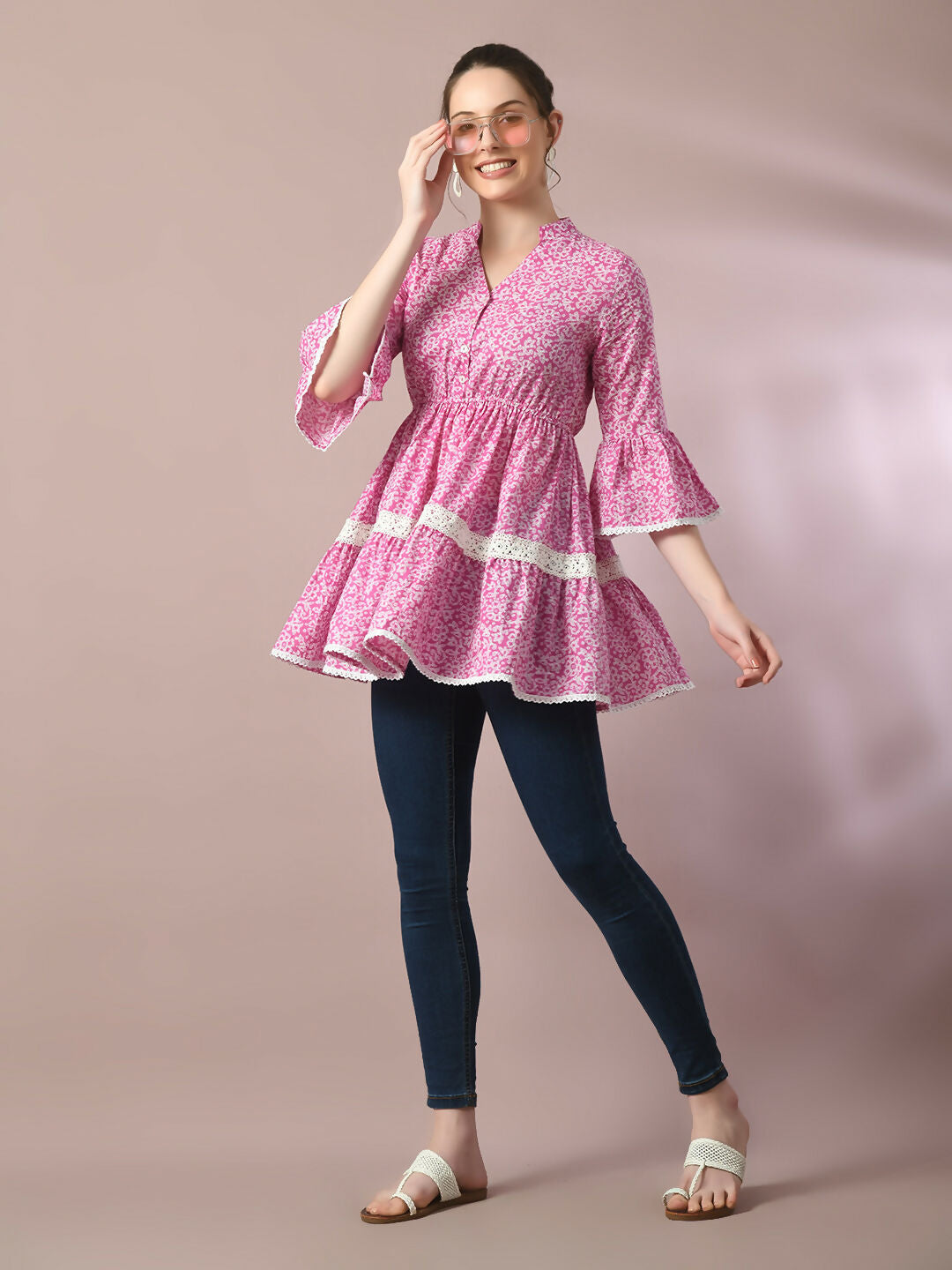 Myshka Women's Pink Embellished Cotton Gathered Party Empire Top