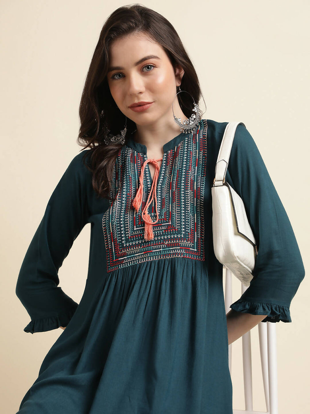 Teal Rayon Yoke Embroidered A-line Top - Tarini