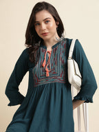 Teal Rayon Yoke Embroidered A-line Top - Tarini