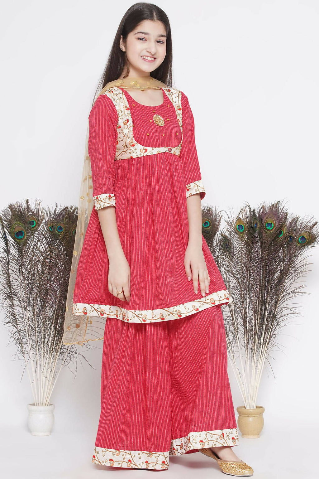 Little Bansi Floral Embroidery Jacket With Cotton Kantha Frock Sharara And Dupatta With Ghungroo Handwork - Red