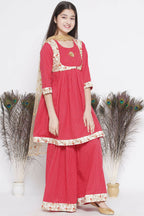 Little Bansi Floral Embroidery Jacket With Cotton Kantha Frock Sharara And Dupatta With Ghungroo Handwork - Red