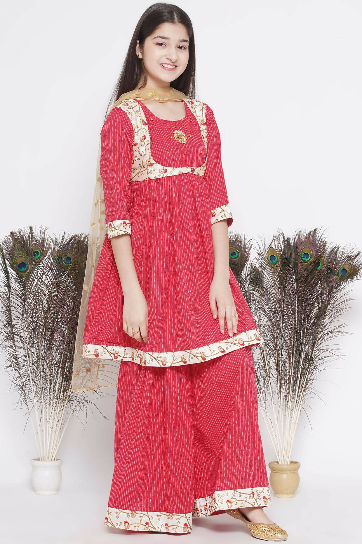 Little Bansi Floral Embroidery Jacket With Cotton Kantha Frock Sharara And Dupatta With Ghungroo Handwork - Red
