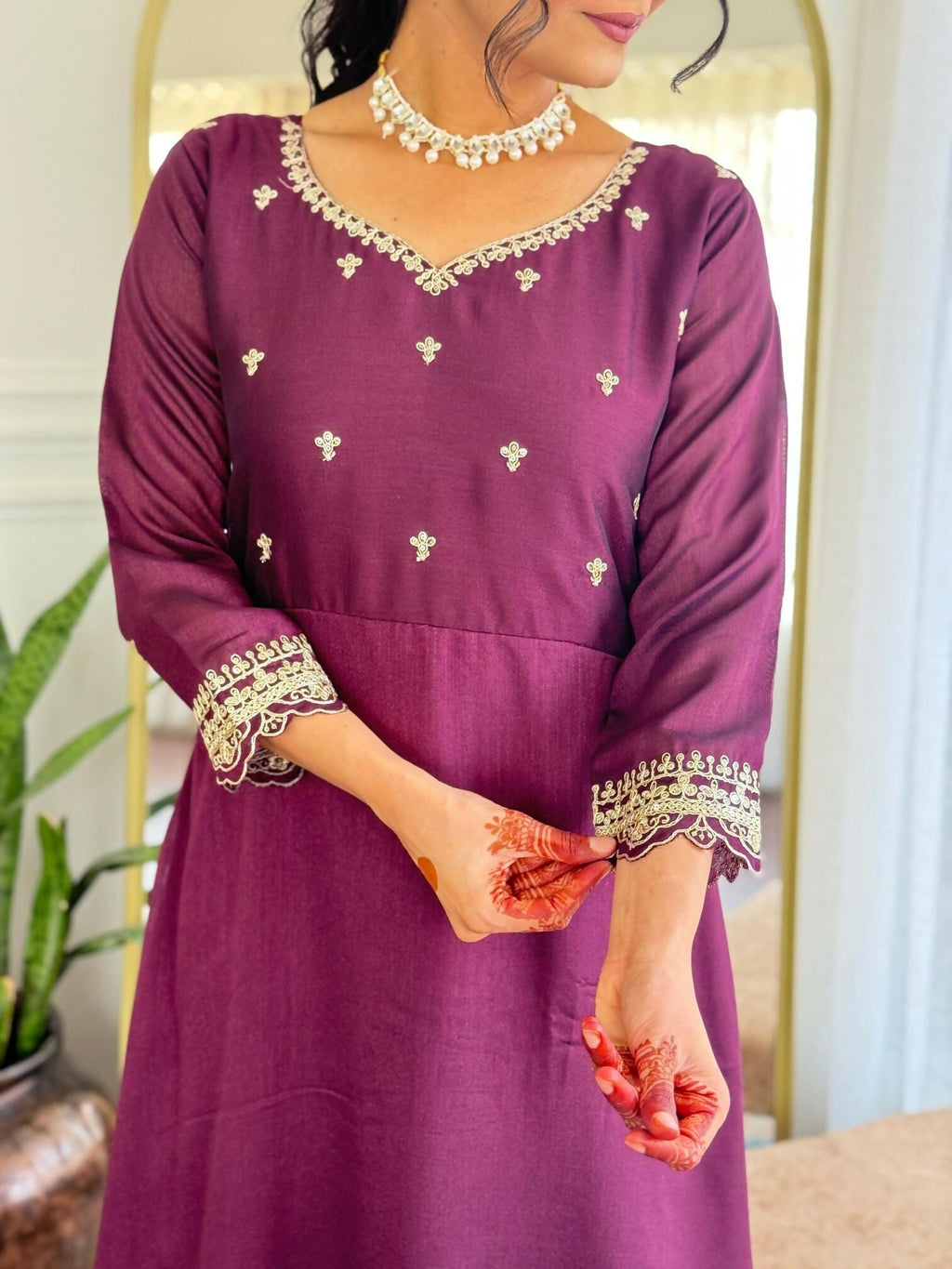 The52 Wine Women's Gorgeous Vichitra Silk Fabric Embroidered Work Flared Anarkali Pant and Dupatta Set - Distacart