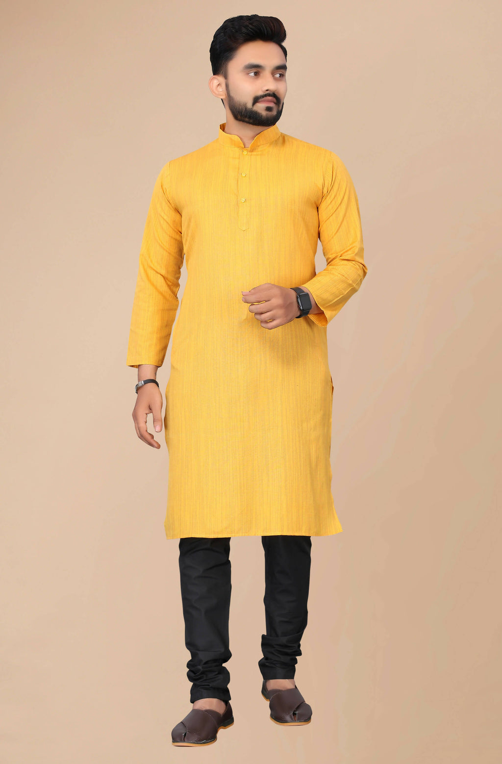 Men's Mustard Striped Cotton Kurta - Mahotsav