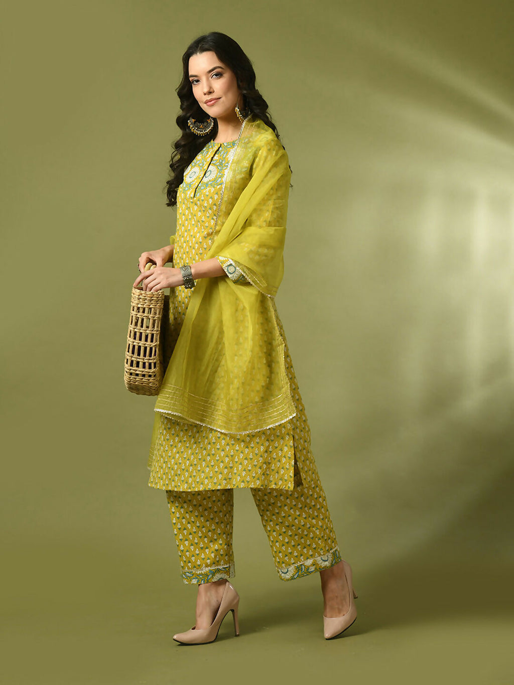 Myshka Women's Yellow Printed Cotton Straight Party Kurta Set With Dupatta