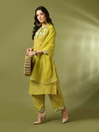 Myshka Women's Yellow Printed Cotton Straight Party Kurta Set With Dupatta