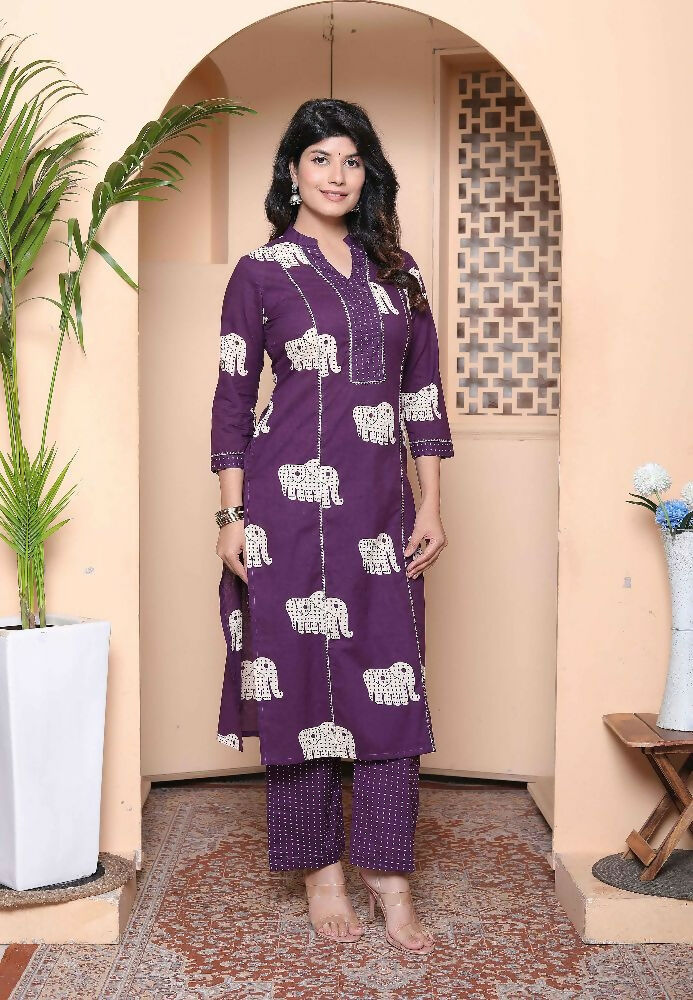 Miravan Womens Purple Printed Kurta With Palazzo - Distacart