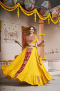 Yellow Viscose Rayon Thread Embroidery with mirror work Navratri Lehenga Choli with Dupatta - Raas