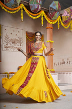 Yellow Viscose Rayon Thread Embroidery with mirror work Navratri Lehenga Choli with Dupatta - Raas