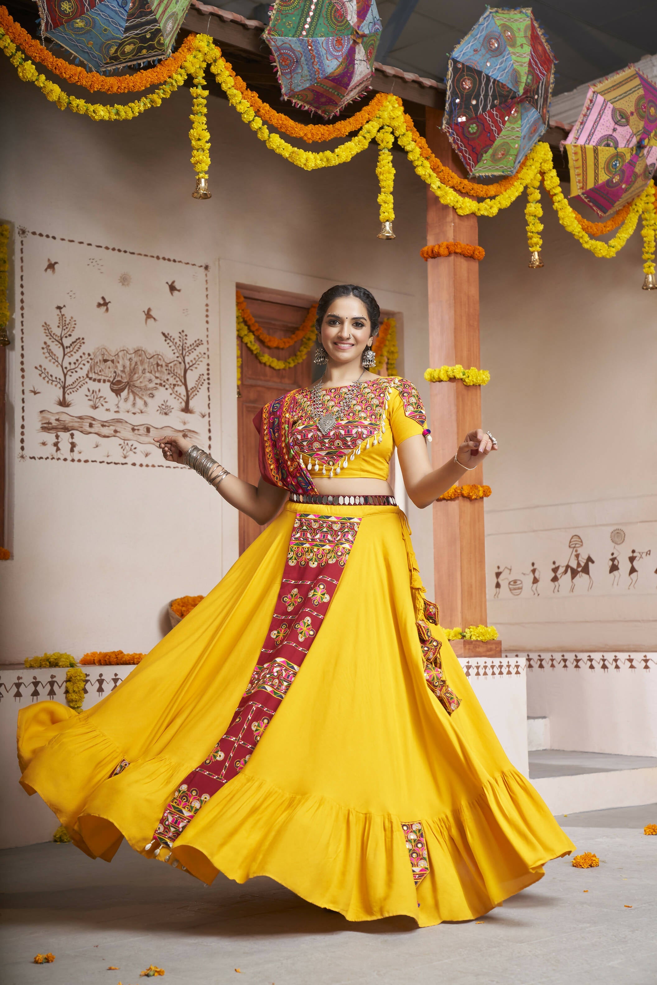 Yellow Viscose Rayon Thread Embroidery with mirror work Navratri Lehenga Choli with Dupatta - Raas