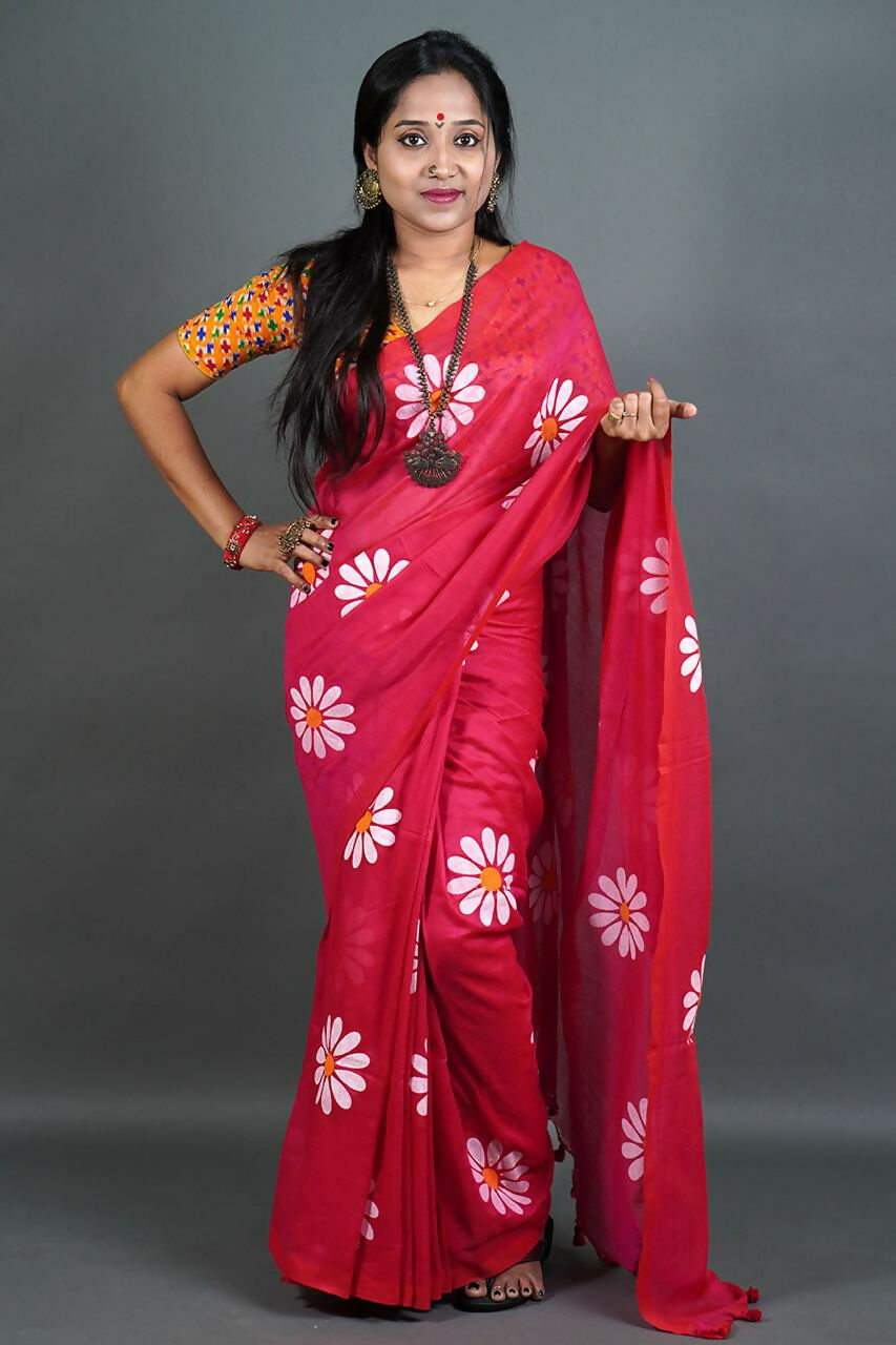 Exclusive Collection Red Pure Cotton Saree With Sunflower Design - Distacart
