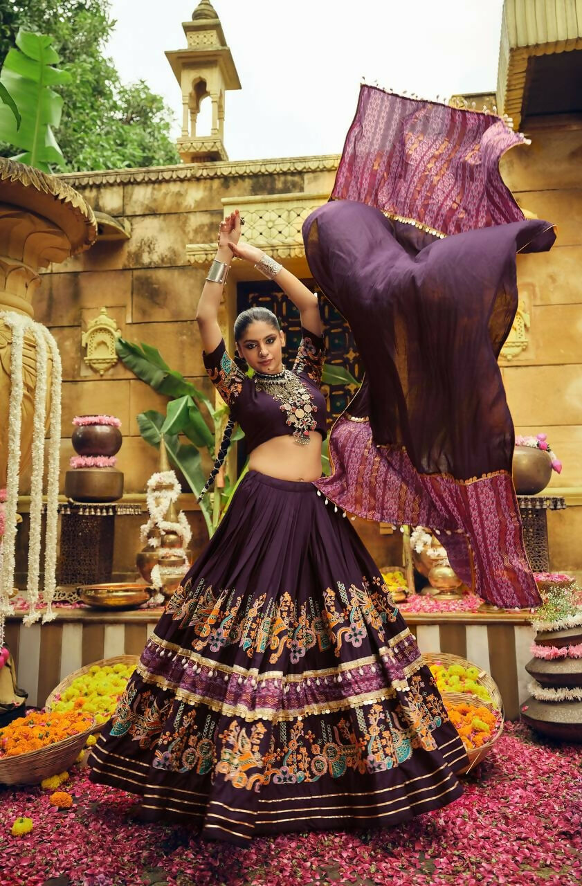 Teeya Creation Wine Colour Rayon Silk Digital Print Fully Stitched Navratri Lehenga