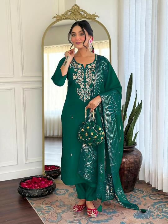 The52 Women Gorgeous Roman Silk Fabric Straight Kurta, Pant and Dupatta Set - Distacart
