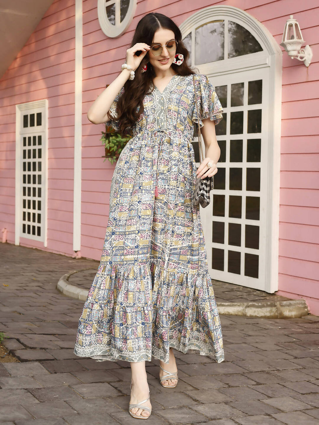 Green Rayon Foil Printed Long Dress - Michan - Distacart