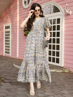 Green Rayon Foil Printed Long Dress - Michan - Distacart