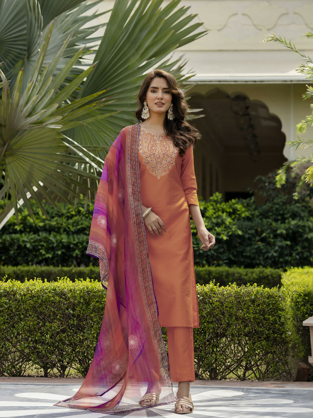 The52 Orange Women's Gorgeous Embroidered Rayon Fabric with Straight Kurta, Pant and Dupatta Set - Distacart