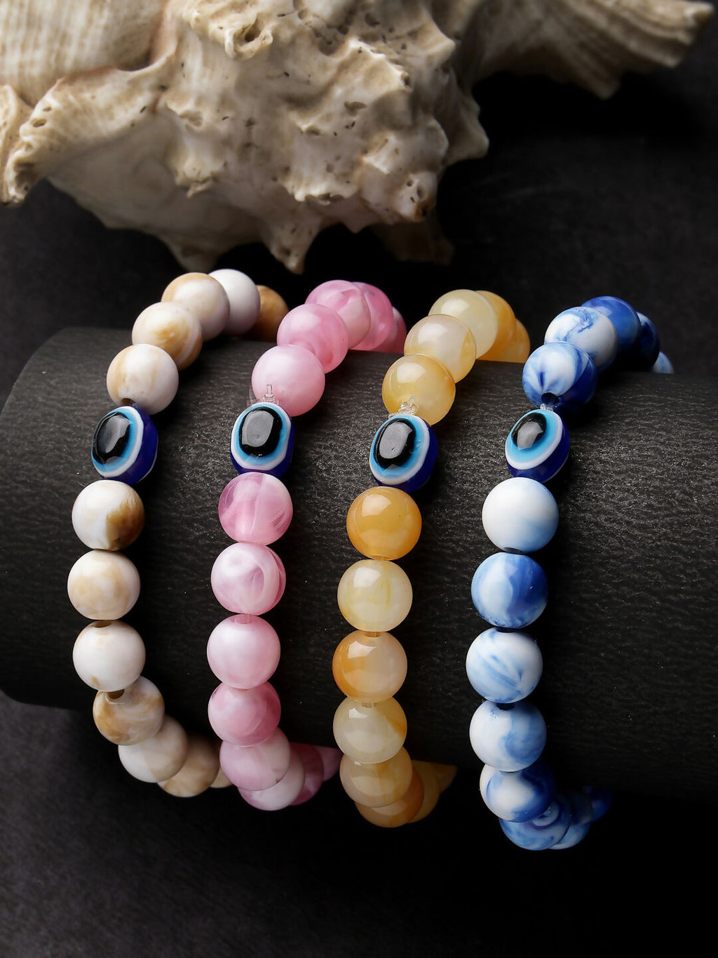 NVR Men & Women Set of 4 Artificial Beads-Beaded Evil Eye Elasticated Bracelet - Distacart