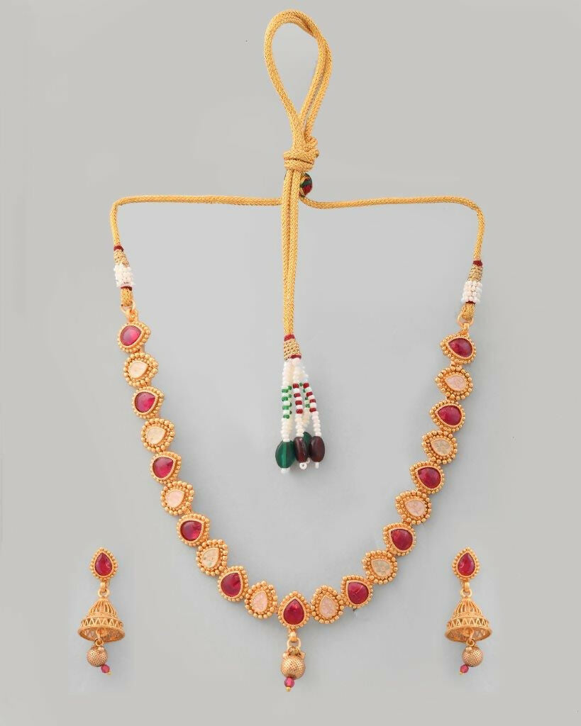 VOJ Gold-Polished Ruby Stone Studded Jewellery Set