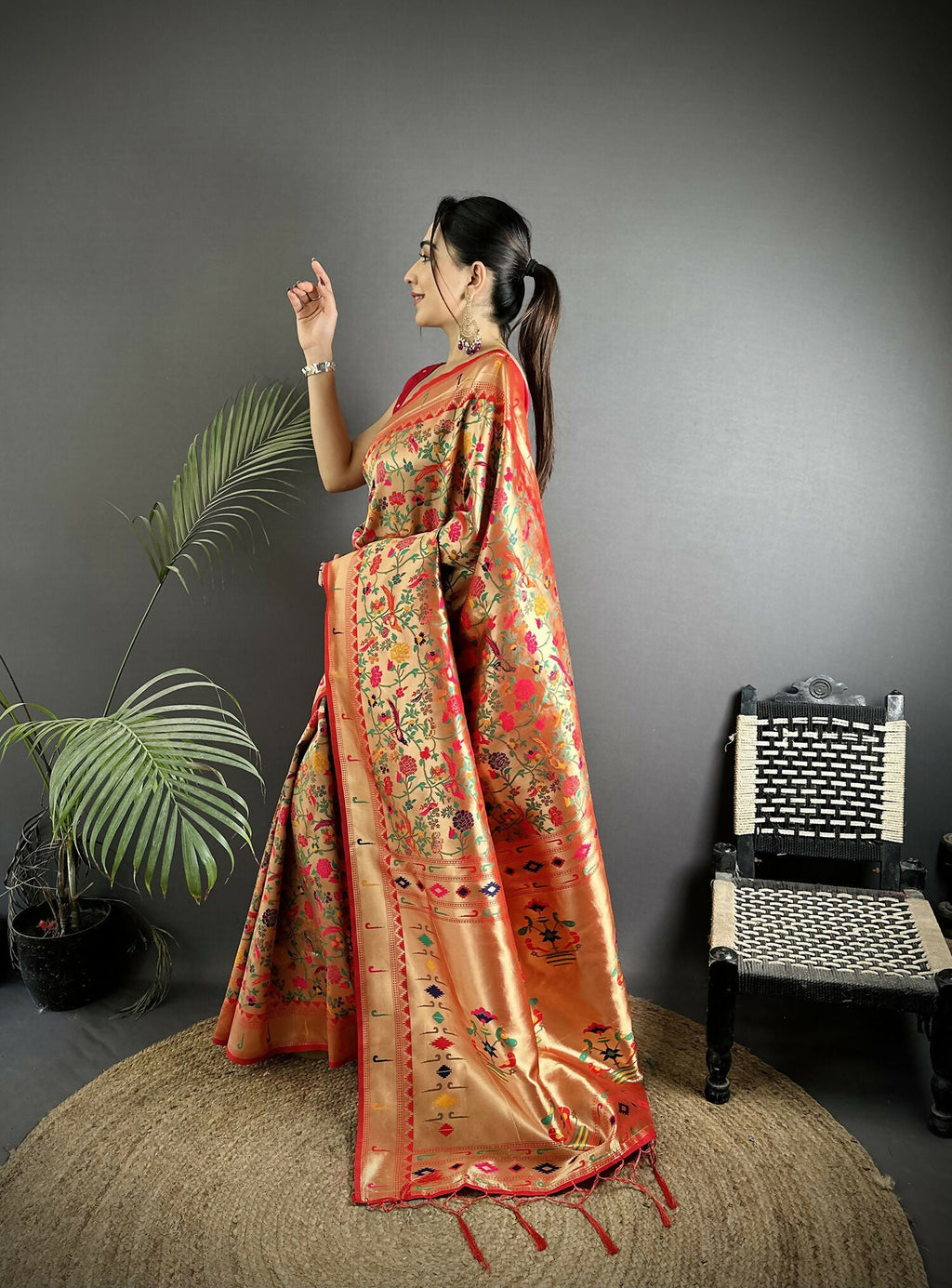 Joban Fashion Red Floral & Bird Motifs Soft Silk Paithani Saree - Distacart