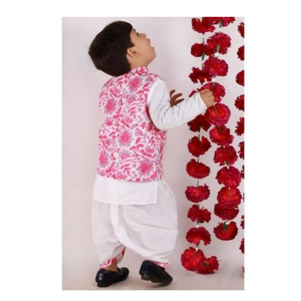 Little Bansi Boys Pink and White Color Bengali Kantha work floral Jacket with Kurta and Dhoti