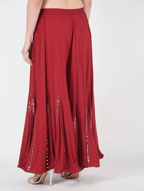 Mominos Fashion Maroon Viscose Rayon Flared Palazzo with Mirror Lace Work - Distacart