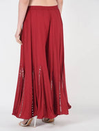 Mominos Fashion Maroon Viscose Rayon Flared Palazzo with Mirror Lace Work - Distacart