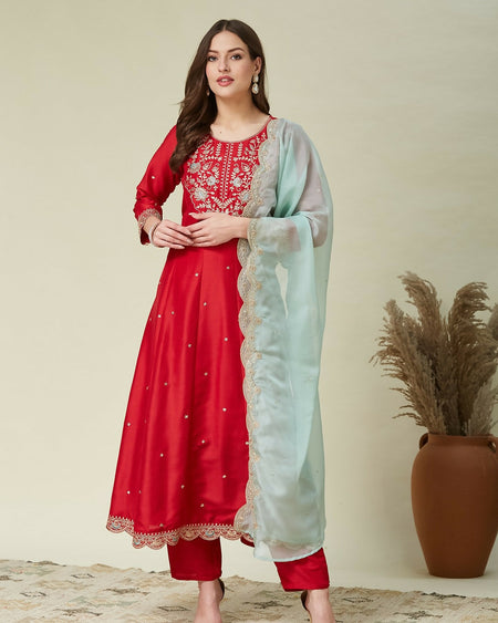 The52 Women's Beautiful Vichitra Fabric Embroidery Work Flared Anarkali Pant and Dupatta Set