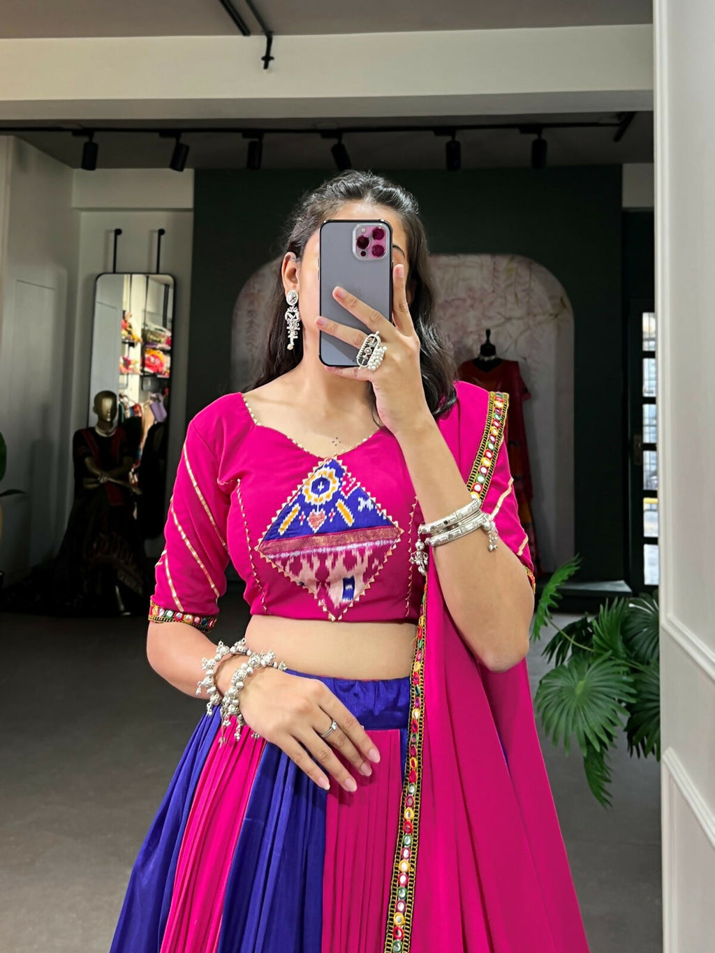 Vastranavya Navaratri Special Rayon with Printed Patch With Gota Patti And Paper Mirror Work And Cowrie (Kodi) Lace Touch Up Lehenga with Stitched Blouse - Royal Blue