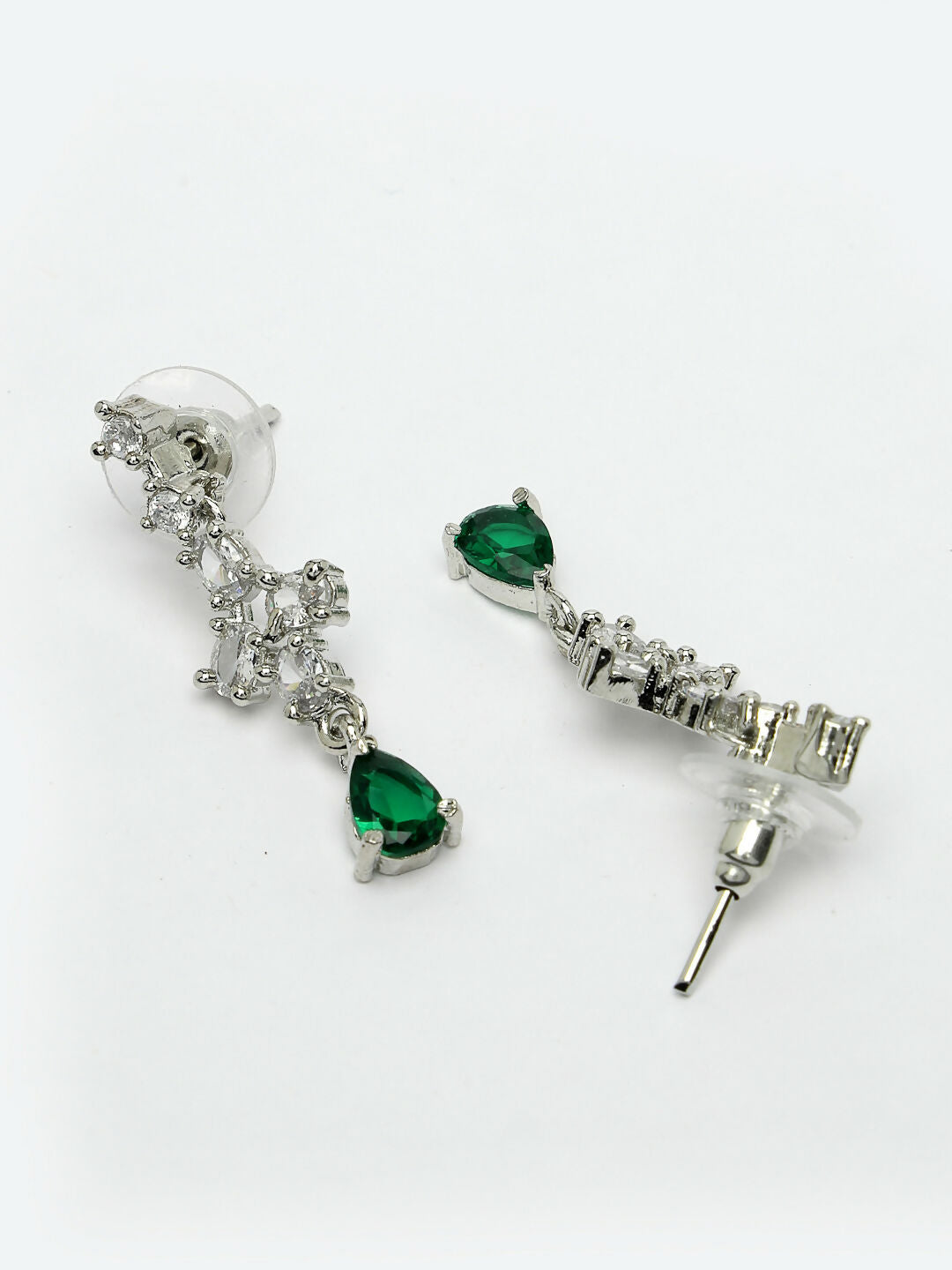 NVR Women's Silver-Plated Green American Diamond Studded Jewellery Set
