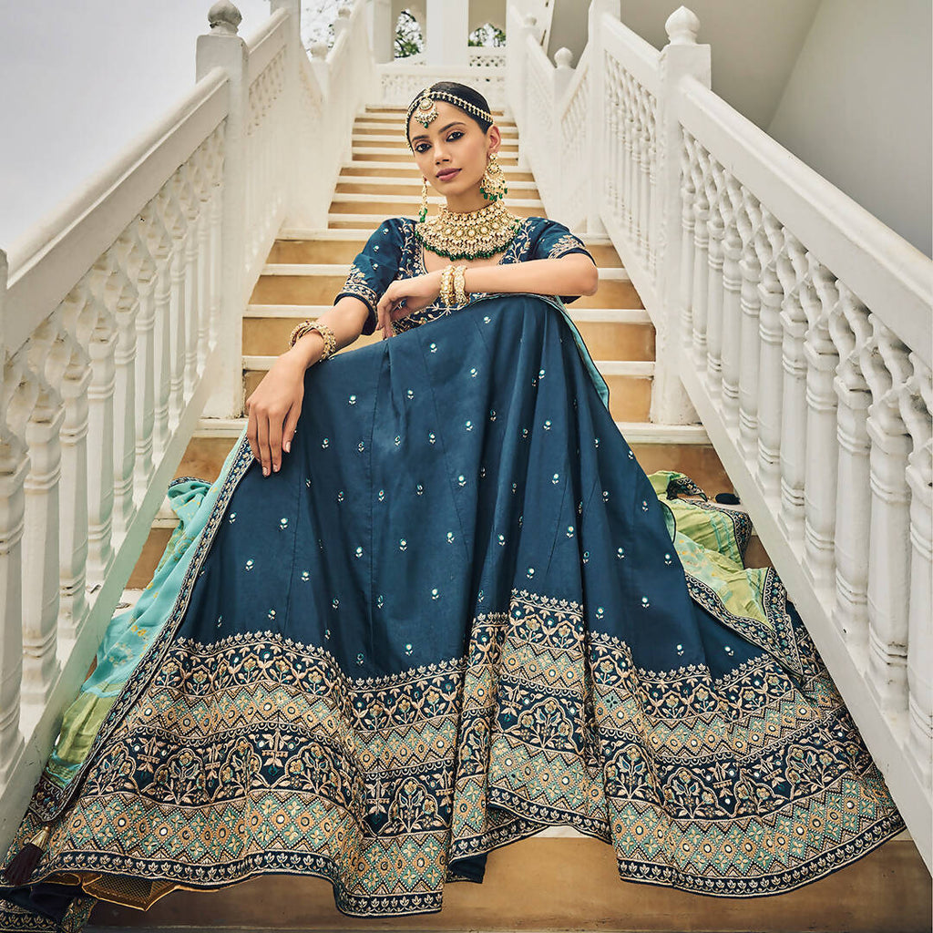 Navy Blue Heavy Viscose Khatli, Embroidery & Mirror Work Unstitched Lehenga Choli - Sisha Keshav