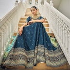 Navy Blue Heavy Viscose Khatli, Embroidery & Mirror Work Unstitched Lehenga Choli - Sisha Keshav