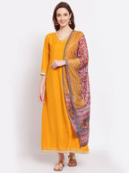 Myshka Women's Yellow Printed Silk Blend 3/4 Sleeve V Neck Casual Kurta Dupatta Set