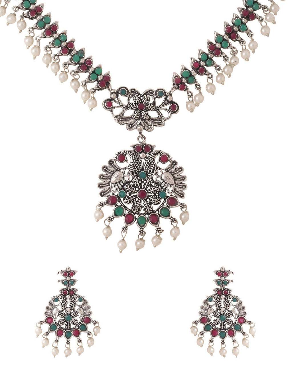NVR Women Stone Studded Oxidised Silver Jewellery Set