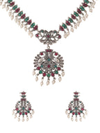 NVR Women Stone Studded Oxidised Silver Jewellery Set