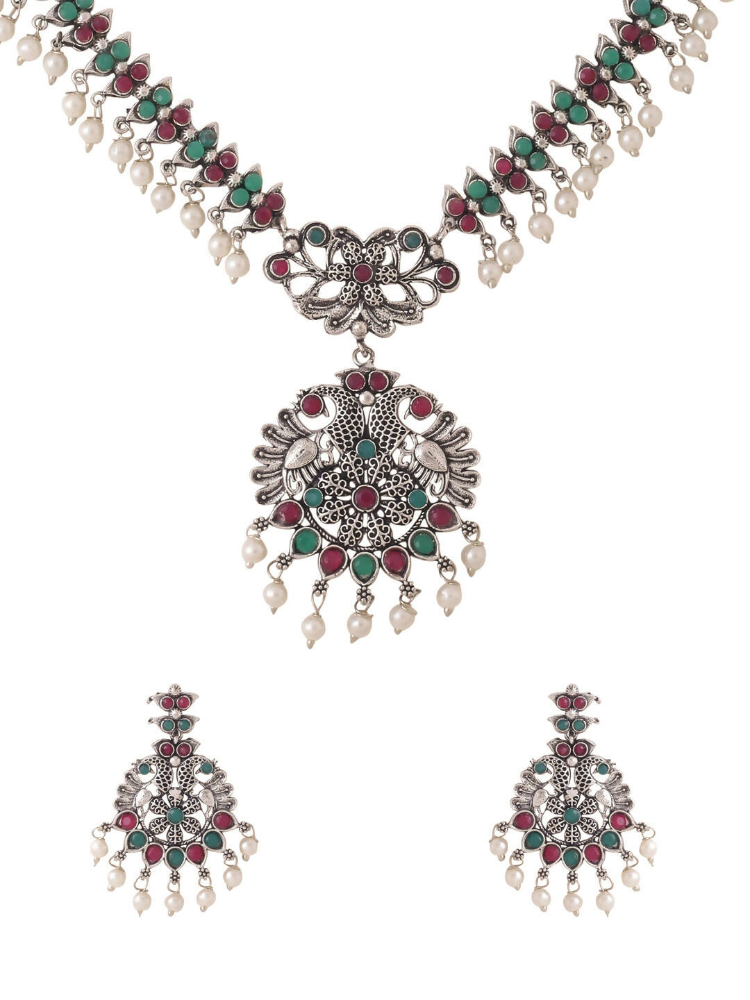 NVR Women Stone Studded Oxidised Silver Jewellery Set
