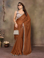 PR Fashion Brown Star Georgette Solid Georgette With Mirror Border Saree