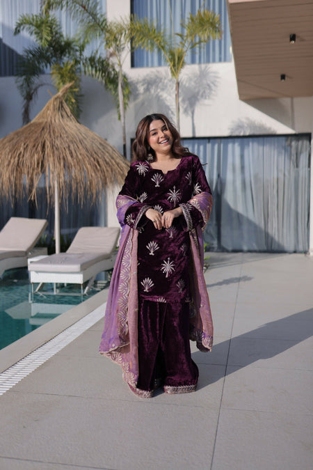 Joban Fashion Maroon Velvet Embroidery Sequence Work Readymade Kurta Set
