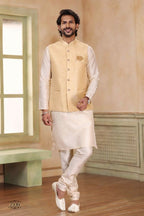 Raivat Ethnic Jacquard Banarasi Silk Woven Work 3 Pics Jacket Set In Beige Colour - Distacart
