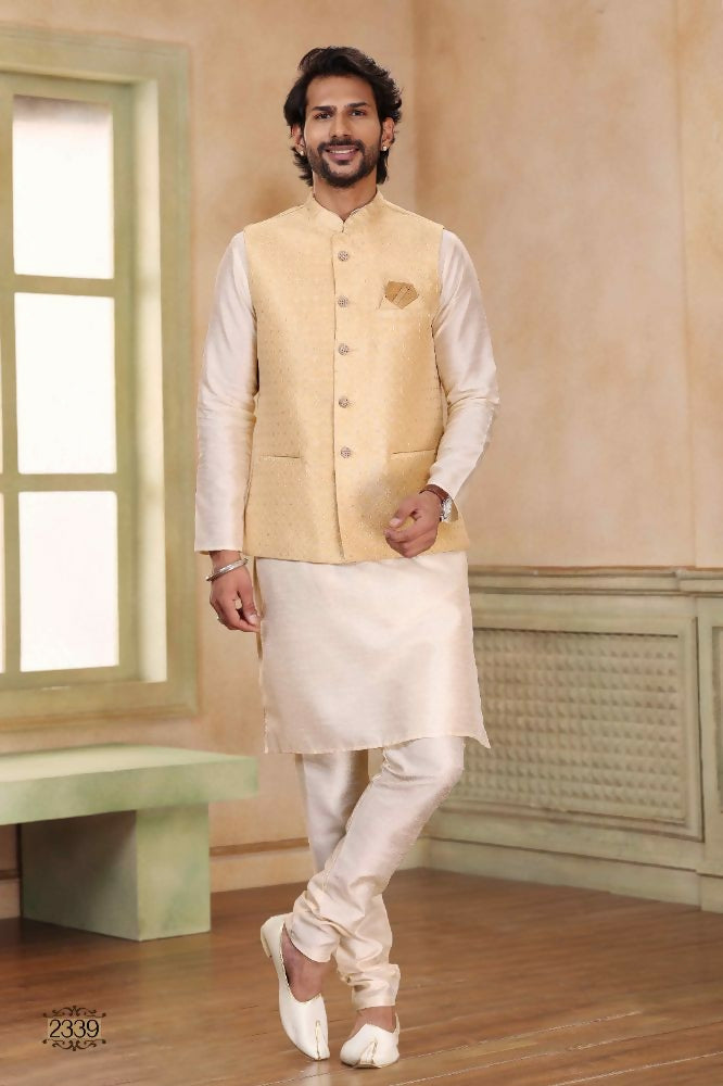 Raivat Ethnic Jacquard Banarasi Silk Woven Work 3 Pics Jacket Set In Beige Colour - Distacart
