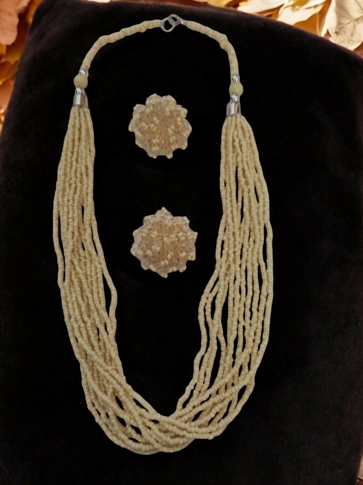Inhanns Bloom Handmade Beaded Necklace With Earrings - 12 Layers - Cream Necklace Set