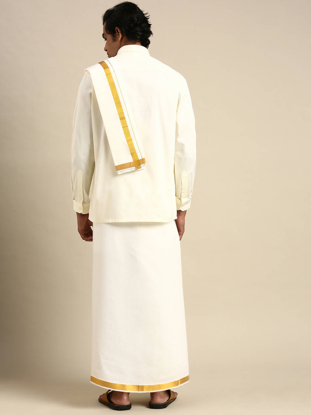 Ramraj Cotton Mens Wedding Cream Regular Dhoti, Shirt & Towel Set Subhakalyan 1/2"