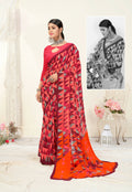 Red Georgette Geometric Printed Saree With Unstitched Blouse Piece - Jyoti